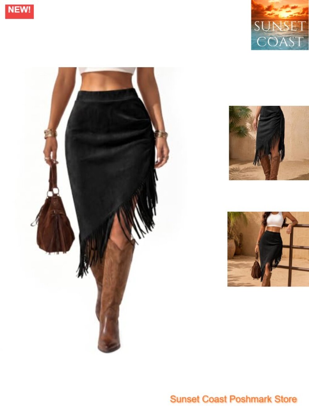 Faux Suede Fringe Midi Skirt High Waist Bodycon Western Cowgirl